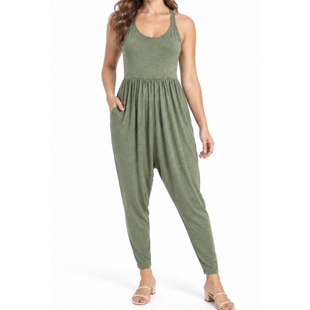 Halara Easy Peezy U-Neck Backless Harem Jumpsuit Pockets Olive Green L NWT